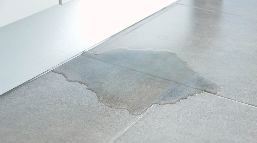 Puddle of water on gray tiled floor in a kitchen, indicating a potential plumbing issue.